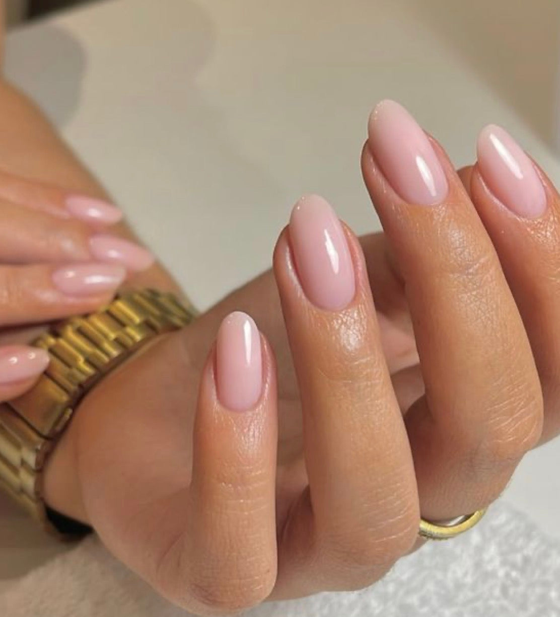 medium length almond shape baby pink natural nude manicure premium handmade press on nails